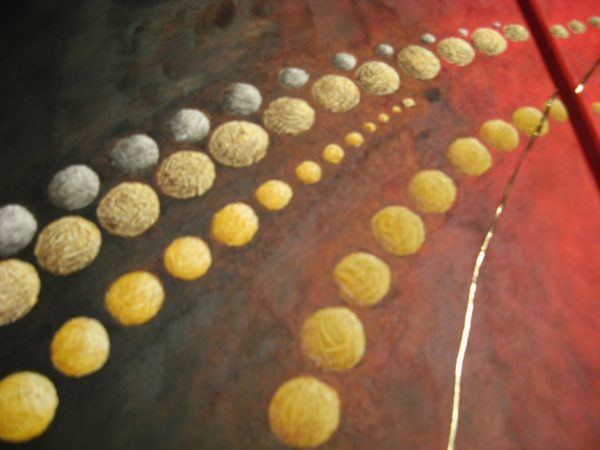Detalles del cuadro abstracto pintado a mano con oleo sobre lienzo de pareja en el universo