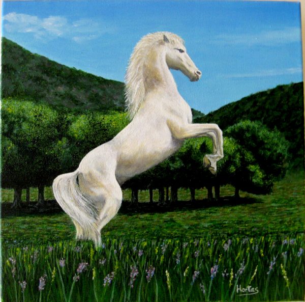 Cuadro pintado a mano con óleo sobre lienzo de un caballo rampante