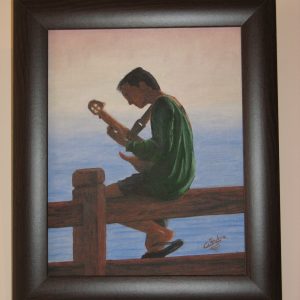 Cuadro realista pintado a mano con oleo sobre tablilla de un chico joven compositor musico tocando la guitarra