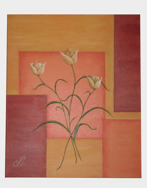 Cuadro abstracto personalizado de 5 flores y pintado a mano con pinturas al óleo, sobre lienzo.  Cada una de las flores simboliza a un miembro de la familia.