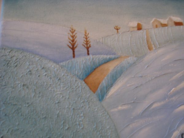 Detalle cuadro pintado a mano con pintura oleo sobre lienzo de invierno