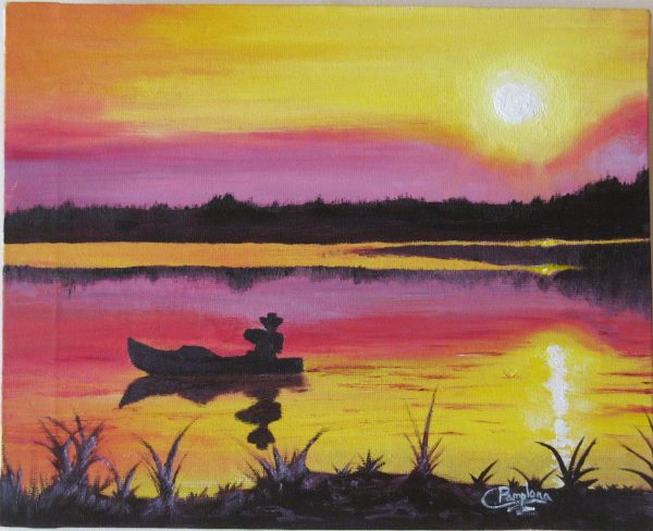 Cuadro realista pintado a mano con pintura oleo sobre lienzo de un atardecer en el lago
